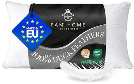 FAM' Home Federkopfkissen 40x80 cm – Federkissen mit 100% Entenfedern | NATÜRLICHER KOMFORT: 100% Entenfedern für Stützkraft, atmungsaktiver Bezug, bei 30°C waschbar & Öko-Tex zertifiziert.