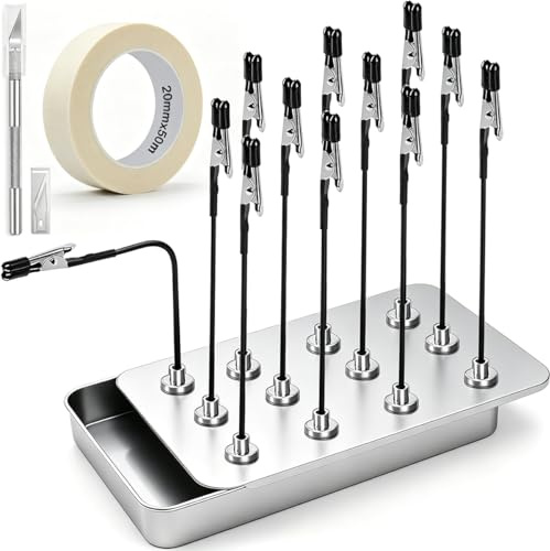 JYUDAUFU Dritte Hand Löten 12 Stück Krokodilklemme und 1 Stück Magnetischem, Sockel Modellbau Ständer Set mit Klebeband und Bastelmesser, für Platinenhalter, Elektronik, Hobbyarbeiten (Silber)