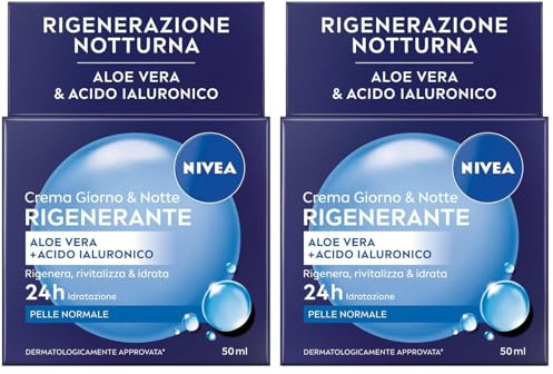 NIVEA Crema Giorno & Notte Rigenerante 50 ml, Crema idratante viso con Aloe Vera e Acido Ialuronico per 24h di idratazione rigenerante, Skincare ad assorbimento rapido per pelle normale