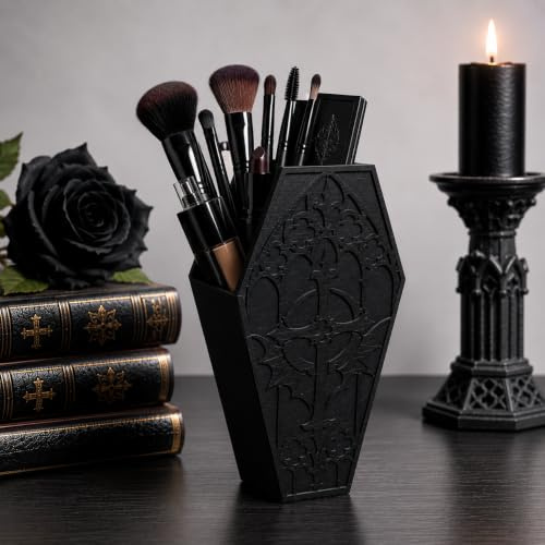Gothic Make-up Organizer in Sargform für Pinsel | Gothic Brush Holder | Dark Academia Deko | Schreibtisch Organizer | Schwarzer Kosmetik Organizer | Sarg-Form, dunkle Dekoration, Schreibtisch-Organizer, Gothic-Stil, Schwarz
