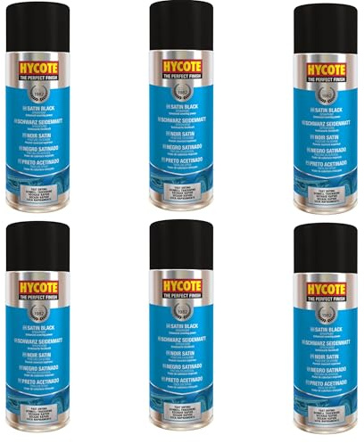 Hycote Satin Black Spray Paint 400ml – Pack of 6 | Smooth Mid-Sheen Acrylic Finish for Metal & Plastic | Fade-Resistant, Durable Top Coat