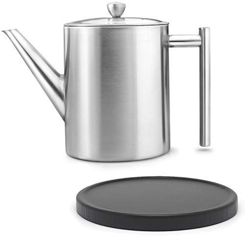 Bredemeijer hohe matte doppelwandige Edelstahl Teekanne 1.2 Liter & klassischer Teebereiter mit Tee-Filter Sieb-Einsatz für losen Tee & runder schwarzer Holzuntersetzer