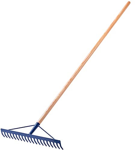 KADAX Rechen, Steinrechen, Gartenrechen aus Stahl, Flache Harke mit verstärktem Kopf, Gartengerät für Sammeln von Steinen (mit Holzstiel)