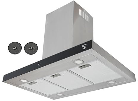 K&H Dunstabzugshaube 90cm Inselhaube [UMLUFT & ABLUFT] - Abzugshaube Metall Fettfilter - Dunstabzug LED Beleuchtung - Cooker Hood 9 Leistungsstufen - ISA-90-600 m³/h - Energieklasse A+ (Edelstahl)