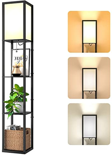 Lampada Salotto da Terra in Legno con Scaffale, Tre temperature di colore Lampada da Pavimento con 3000K-5000K E27 Lampadine, Lampada a Stelo 1.6M, Piantana da Terra per Camera Da Letto e Soggiorno