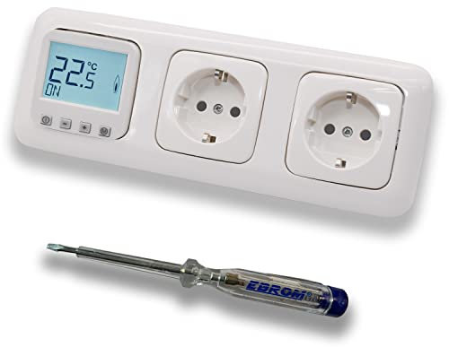 Halmburger Raumthermostat Raumtemperaturregler ERD-1Urg DIGITAL in Busch Jäger Reflex SI alpinweiß + 2 x Steckdose mit Berührungsschutz + EBROM Phasenprüfer zur Montage der Geräte, Fußbodenheizung
