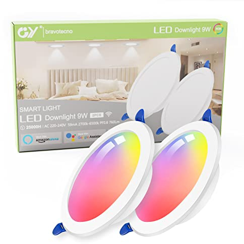 Faretti GY Alexa Led da Incasso, 9W 760LM, Compatibili con Alexa e Google Home, Multicolore RGBCW LED Dimmerabile, Luci Ultrasottili per Cartongesso, 2 Pezzi