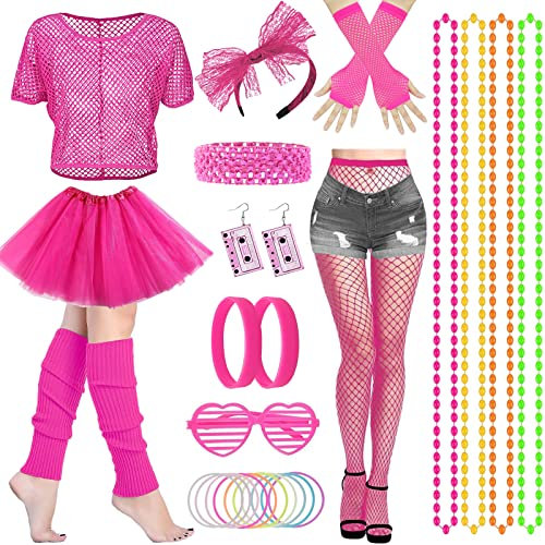 HEAWAA 28 Stück 80er Jahre Outfit Damen, 80s Kleidung Kostüm Neon Accessoires mit Netzshirt Tutu Stirnband Ohrring Halskette Beinwärmer Brillen Netzhandschuhe für Mädchen Mottoparty Karneval