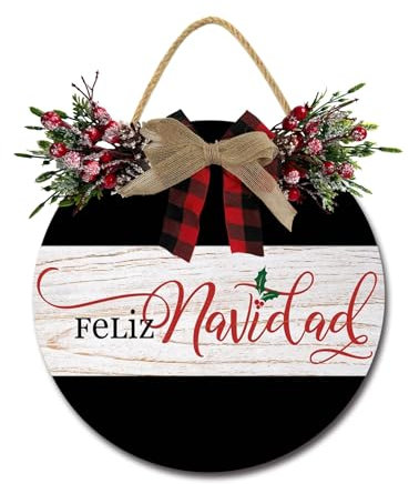 Feliz Navidad Haustürschild, lustige Kränze zum Aufhängen, Holzschild, Dekoration, rund, rustikal, Holz, Bauernhaus, Veranda, Dekor für Zuhause, Haustür, 28,9 x 27,9 cm