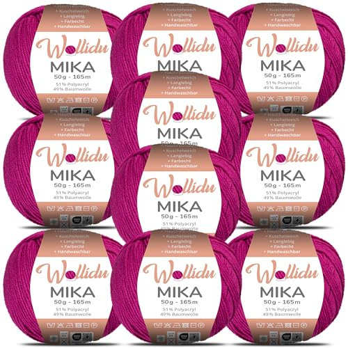 Wollidu Mika 51% Polyacryl 49% Baumwolle zum Häkeln und Stricken 10x 50g/165m Oeko-Tex Strickgarn Häkelgarn - Hell-Fuchsia