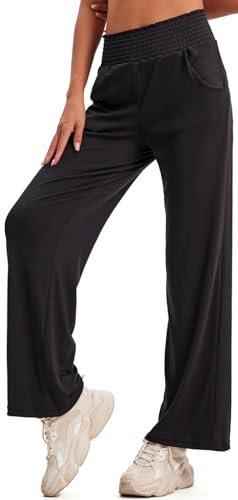 In One Clothing Pantalon Palazoo pour femme - Pantalon d'extérieur et de salon - Avec taille haute particulièrement élastique et jambes évasées tendance - Avec poches latérales, Noir , M