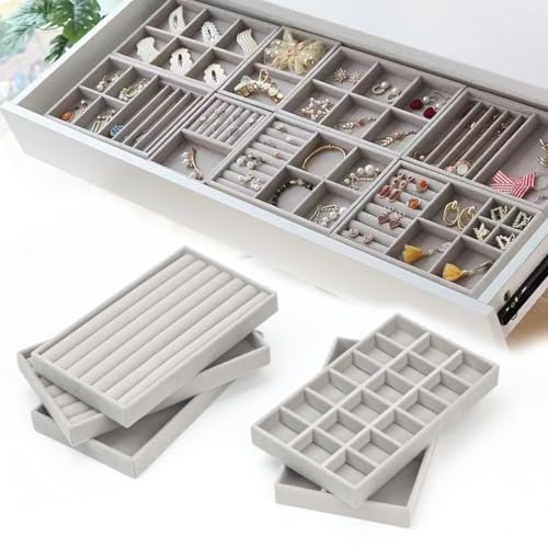 BEYGIH 5 Stück Schmucktablett Schubladen Organizers,Grey Schmuckaufbewahrung Organizer,Samt Abnehmbar Schmuckeinsatz für Schubladen Aufbewahren und Anzeigen für Halsketten Armbänder Ringe Ohrring