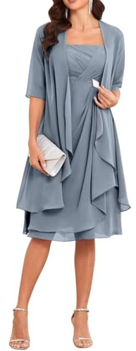 Robes de mère de la mariée avec veste 2 pièces à demi-manches longueur genou en mousseline robe de mère du marié, Bleu poudré, 38