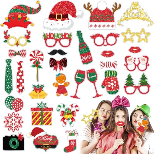 35Stück Weihnachten Foto Requisiten, Fotobox Accessoires für Weihnachten Neujahr Silvester Weihnachts Foto Booth Requisiten Tischdeko Geburtstag Party Zubehör