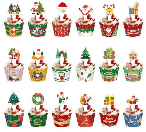 Weihnachten Cupcake Topper und Wrapper,36 Stück Schneemann Weihnachtsmann Weihnachtskranz Cupcake Deko weihnachten Tortendekoration Kuchendekoration für Weihnachten Party