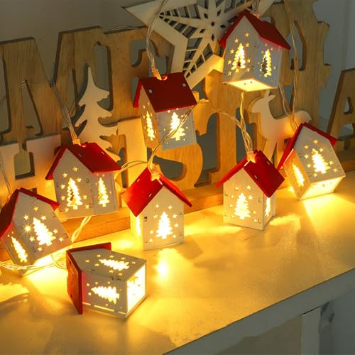 DWE Christmas Lights, 6.56 FT 10 LED Wooden House Christmas String Lights Battery Operated Xmas Tree Decorations Lights for Xmas Tree Window Wall Home Garden Outdoor Indoor Party Decor (White)