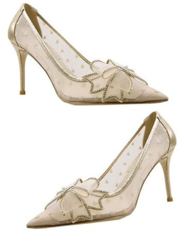 SOIMISS Damen High Heels Netzgarn Sommer Frühling Spitz Zehen Pumps Mit Wasserstrahl Schleife Beige Größe 38 rutschfest Und Leicht Passend Für Alltag Und Party
