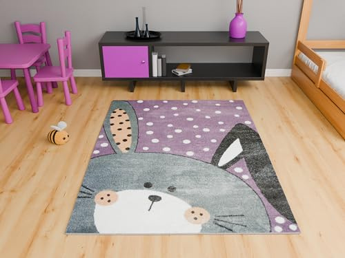 AKCILA Lima Kinderteppich Lila Hase 140x190 cm Kinderzimmer Teppich, Spielteppich Kinder Babyzimmer Tepich, Teppich Schlafzimmer,Teppiche Gegend, Kids Carpet,Kurzflorteppiche für Mädchen und Jungen