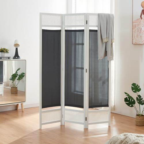 [en.casa] Biombo Dorotea con 3 Paneles Separador de Ambientes para Dormitorio Sala Oficina Divisor con Tela Opaca y Efecto Ratán Bambú 120 x 170 cm - Blanco/Gris Oscuro