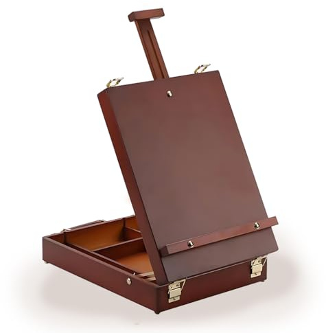 Staffelei Tisch Tischstaffelei Holz mit Malkoffer, Zeichentisch mit Utensilienkoffer, Staffelei Zeichenbrett Holz Verstellbar Buchenholz als Maltisch Mal Set für Anfänger Profi, B