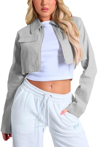 RomMoon Women's Zip Up Lapel Long Sleeve Lightweight Cropped Casual Jacket