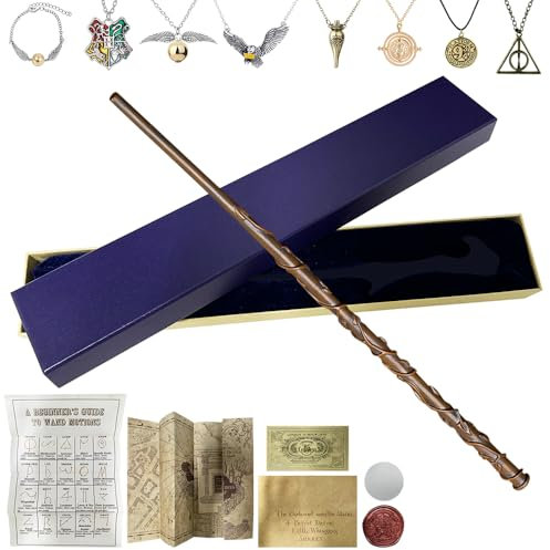 AVCXEC Zauberstab Hermine Granger, 39cm Hermine Zauberstab mit Zauberspruch Karte, Halskette Der Heiligen Artefakte, Feuerlacksiegel und Ticket Zauberspruchblatt Magic Wand für Cosplay, Halloween