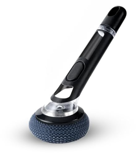 Zuvo Soap Dispensing Dish Brush, Refillable Washing Up Brush for Kitchen | For a sink full of dishes, pots and pans, scourer pad lifts stuck-on grease, refillable liquid handle, black