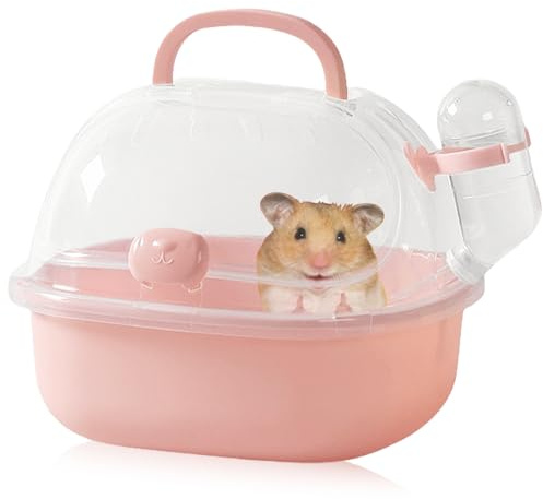 Transportbox Hamster con botella de agua, 20 x 18 x 19 cm, caja portátil para animales pequeños, jaula de transporte con ranuras de ventilación, caja de viaje