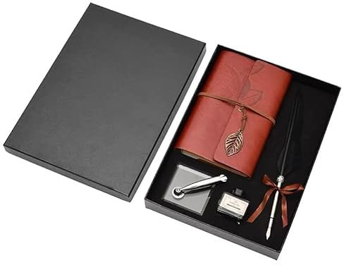 ZLXHDL Set Calligrafia Vintage con Penna con Piuma e Taccuino in Pelle, Calamaio Vuoto, Idea Regalo Elegante (Nero)