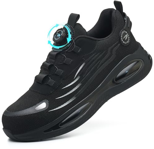 GUDECIUS Scarpe Antinfortunistiche Uomo Donna Scarpe da Lavoro Leggere Scarpe Sicurezza con Punta in Acciaio Sportive Antiscivolo Traspiranti Comode Nero 45 EU