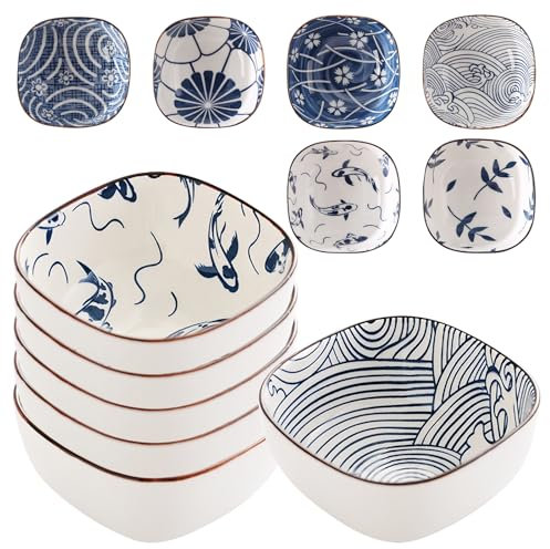 Marca Cerámica Cuencos para Postres: Set de 6 Estilo Japonés, Cuencos Apilables y Resistentes al Horno, para Casa y Fiesta (9.2 cm, Multicolor)