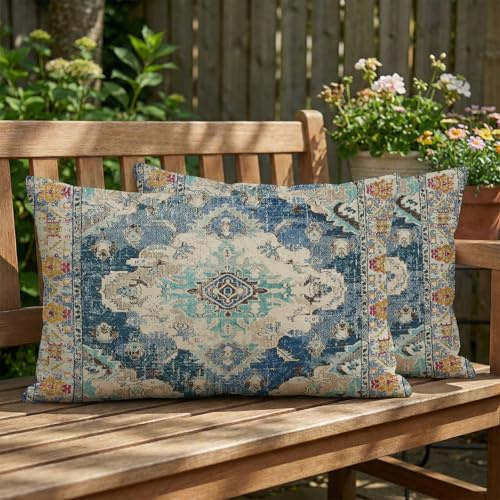 Vorysum Outdoor Kissen 30x50 cm Bohemian Dekokissen Wetterfest Kissenbezüge Vintage Kissenhülle Blau Kissen Sommer Sofakissen für Wohnzimmer Schlafzimmer Garten Dekorative 2er Set