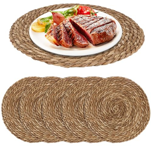 Miawtro Round Placemats, 6PCS Woven Rattan Place Mats, Heat Resistant | Natural Cattail, Washable Table Mats, Dining Table Decor for Home, Restaurant, Kitchen, Reusable and Easy to Clean