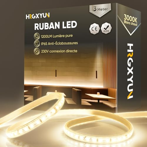 HRGXYUN 230V LED Streifen Aussen, SMD 2835 IP65 Wasserdicht, Bande LED Durchsichtig 1200LM Ohne Trafo Flexible Kürzbar für Zimmer und Außen Dekoration Beleuchtung, 3000K Warmweiß, 3m