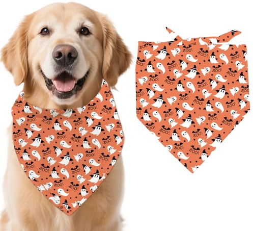 arricraft 1 Stück Hundehalstuch Mit Halloween Motiv Dreieckiges Verstellbares Bequemes Haustier Lätzchen Mit Geistermuster Waschbares Baumwolltuch Halstuch Für Große Hunde 78x39cm (30.7x15.35 Zoll)