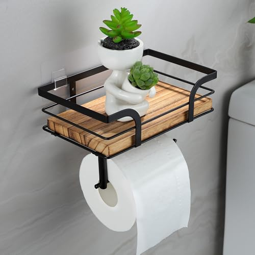 RUICER Toilettenpapierhalter Ohne Bohren mit 2 Montagemethoden, Holz Klopapierhalter & Klopapier Aufbewahrung mit Feuchttücherbox, Toilettenpapier Halterung Wandhalterung