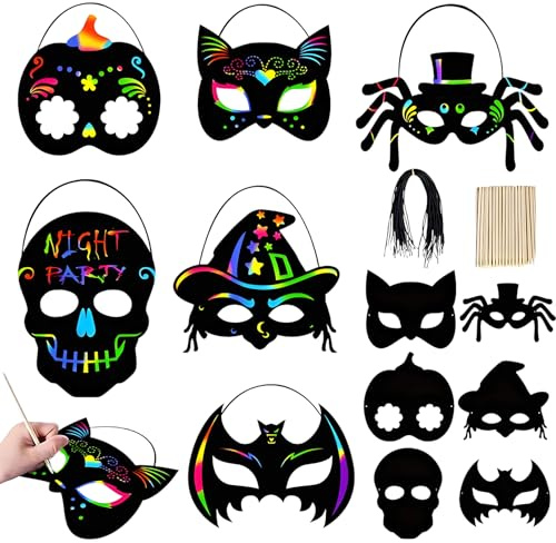 6 Pcs Halloween Basteln Kinder,Halloween Basteln Kratzbilder,Masken für Deko Party Kindergeburtstag,Geburtstag Bastelset,Crafts Fensterbilder Give,Away Kids Aufziehspielzeug,Bastel Diy Kratzpapier
