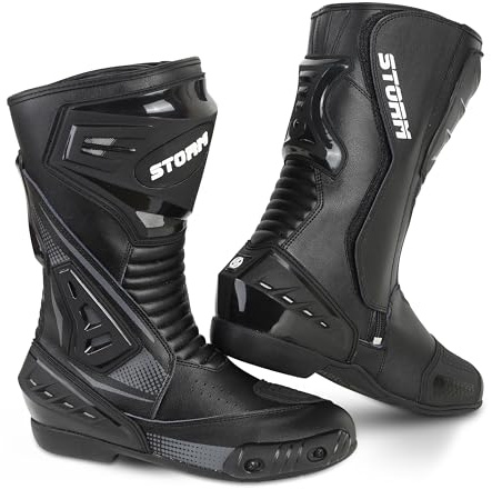 Storm Bottes de moto imperméables en cuir véritable avec protection antidérapante pour la course et le sport, homologuées CE (Noir, 42, Système Taille Chaussures EU, Adulte, Numérique, Moyen, 42)