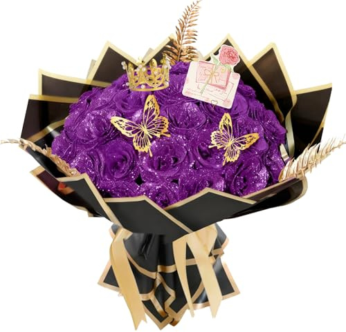 AIGOCITY 24 Pcs Glitter Roses Bouquet,Artificial Rose Bouquet,Sparkly Rose,DIY Fake Glitter Bouquets with Crown Card 3D Butterfly for Birthday Gifts Wedding Valentine's Day Mother's Day (Purple)