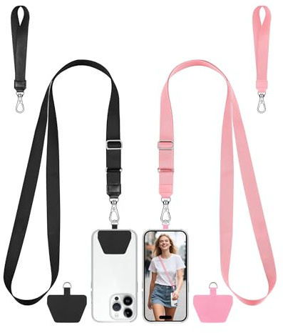 COCASES Phone Lanyard Crossbody and Wrist Strap 2 Pack, Adjustable iPhone Lanyard for neck and wrist with 2 Patches Anti Theft Phone Chain compatible with most Smartphones Black/Pink