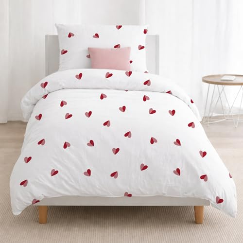 Dreamzie Bettwäsche Set 140x200 cm mit 1 Kissenbezug 65x65 cm – Rot/Rosa Herzmuster – Bettwäsche für Einzelbett aus 100% Mikrofaser – Oeko-Tex Zertifiziert – Ohne Schadstoffe