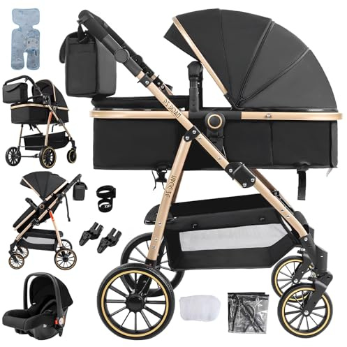 Veitoalioy 3 i 1 babyvagn, bekväm och multifunktionell barnvagn, bärbar hopfällbar barnvagn, hög sittvagn kan skjutas fram och tillbaka (V8 BlackGold)