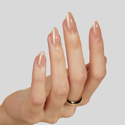 LAMIMOSA Press On Nails Kurz Mandel 32er Set – Nude Chrome Nägel zum Aufkleben mit Kleber & Klebesticker, Soft Gel Short Almond Fake Nails in 16 Größen, Nuetral Glue On Nails, NUDE GLAZE