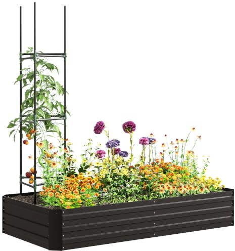 Outsunny Carré Potager Grande Capacité 180 x 90 x 29,5 cm Noir | Jardinière Rectangulaire, Acier Galvanisé, avec Tuteurs, pour Tomates et Plantes Grimpantes