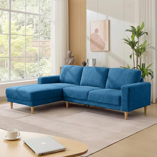 Kingfun L Shaped Corner Sofa, 229cm L Shape Chenille Couch with Solid Wood Legs, Soft Upholstered 3-Seater Corner Modern Sofa with Spring Cushion, Apartment Furniture for Livingroom & Bedroom, Blue