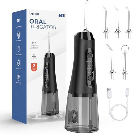 Lyinda Irrigador Dental Eléctrico Portátil, 320ML Profesional Water Flosser, 4 Modos 5 Boquillas Irrigador Eléctrico Oral, IPX7 Impermeable Irrigador Dental, Hogar y Viaje, Negro