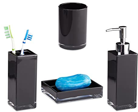 Relaxdays Badaccessoires Set 4-teilig, modern, Zahnputzbecher, Zahnbürstenhalter, Seifenspender, Seifenschale, schwarz, 9 x 12 x 19.5 cm