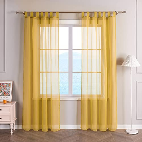 ESLIR Gardinen mit Schlaufen Vorhänge Fensterschal Voile Uni Gelb 140x145 | Transparent, Schlaufenschal, 1 Stück, Gardinenschals, Fenstergardinen, Wohnzimmer deko, Fenster innen, Durchsichtig