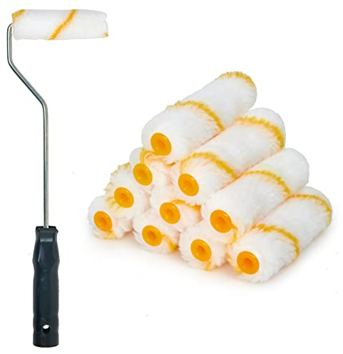 PILOT FISH 11Pcs Paint Roller Kit, Small Paint Roller with 10Pcs 4 inch Covers, Mini Paint Roller with Long Roller Frame, Paint Rollers for Painting Walls, Wall Painting Tools