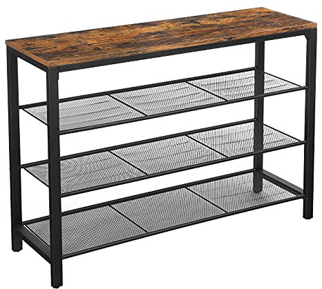 VASAGLE Schuhregal, Schuhablage mit 3 Gitterebenen und großzügiger Oberfläche für Taschen, für den Eingangsbereich, Flur, Metall, Industrie-Design, vintagebraun-schwarz LBS14BX